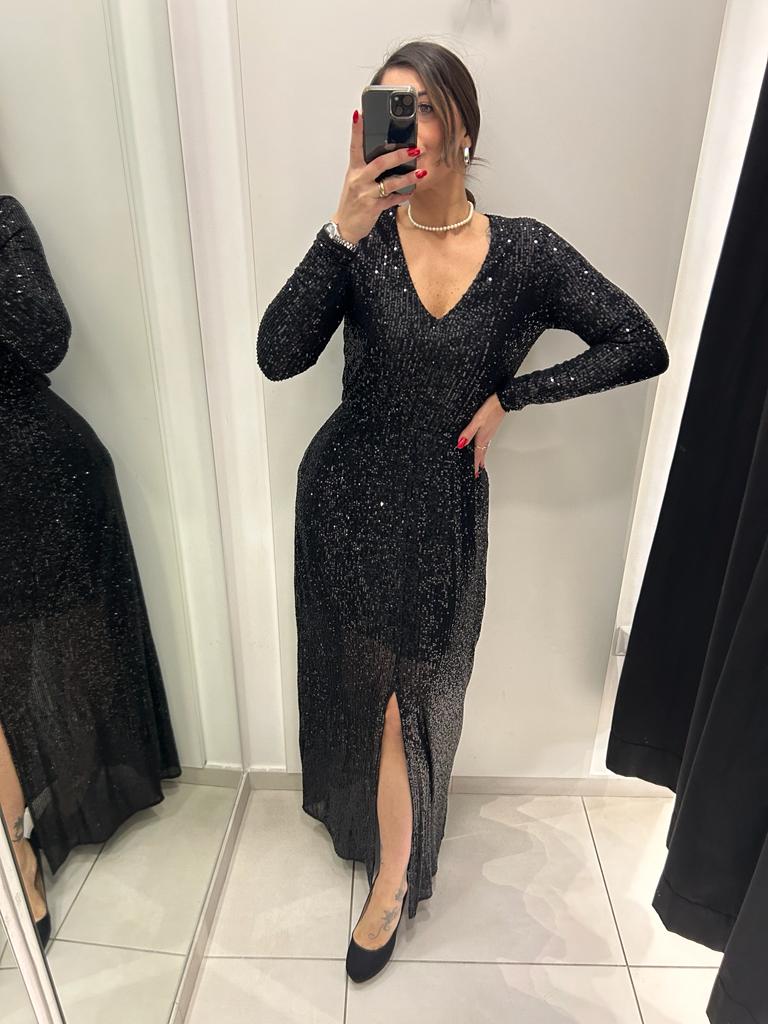 Abito lungo con spacco in paillettes Lizalù 7453