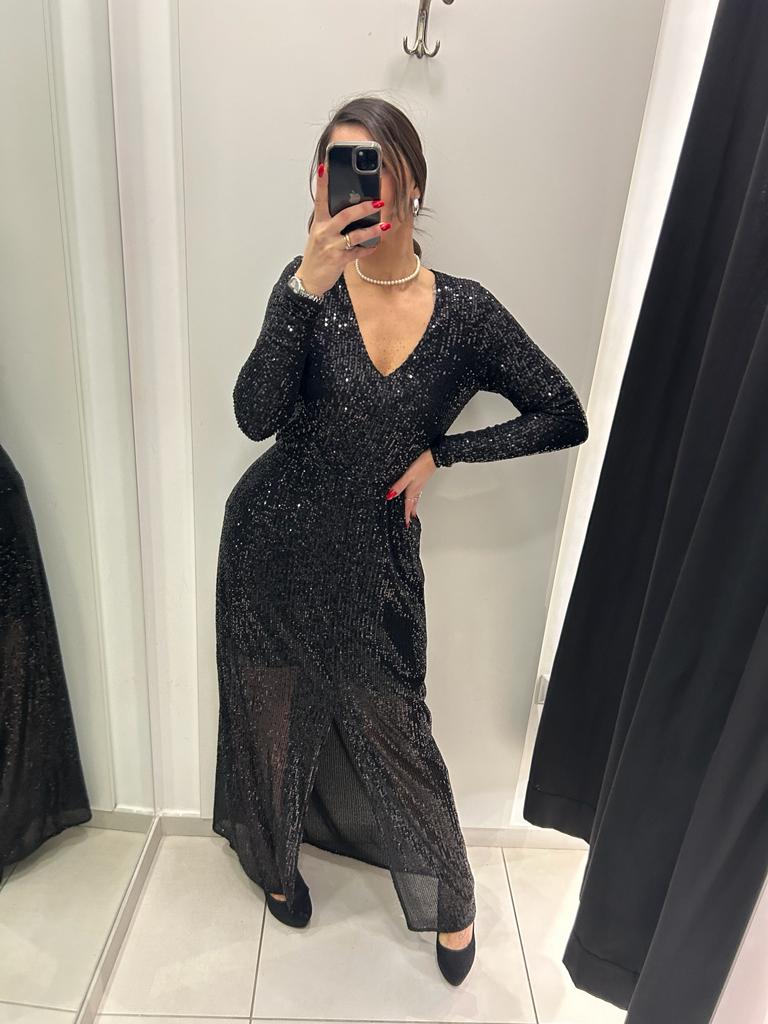 Abito lungo con spacco in paillettes Lizalù 7453