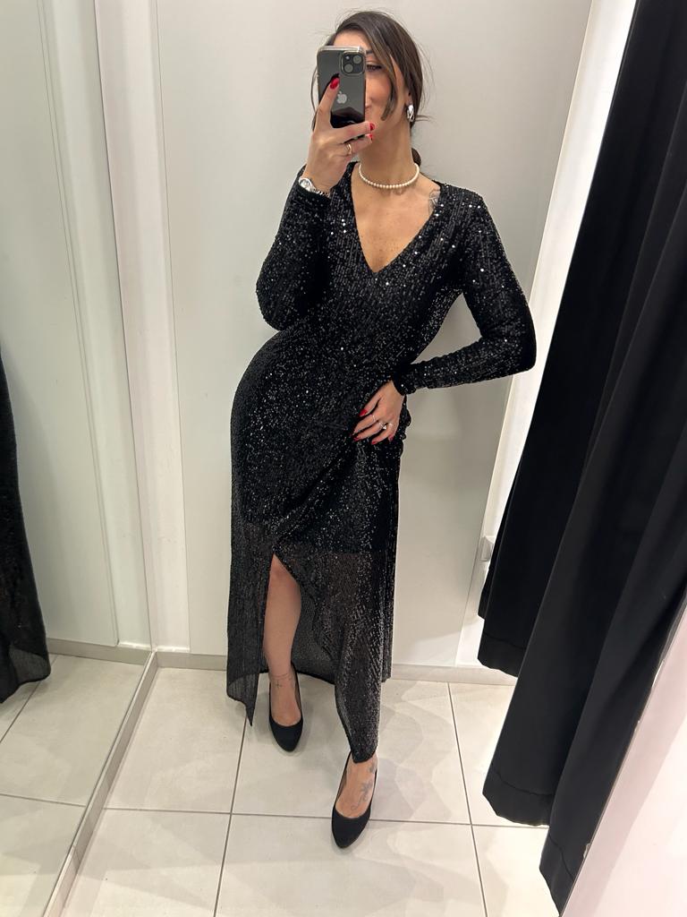 Abito lungo con spacco in paillettes Lizalù 7453
