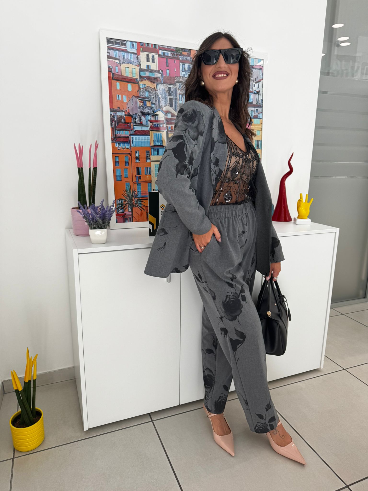 Pantalone stampa fiori a sigaretta con elastico in vita Lizalù FLORE